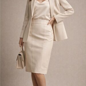 Karen Millen Cream Faux Leather Panel Pencil Skirt Size 16 Ivory Midi